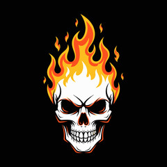 Flaming Skull Illustration on Black Background.
