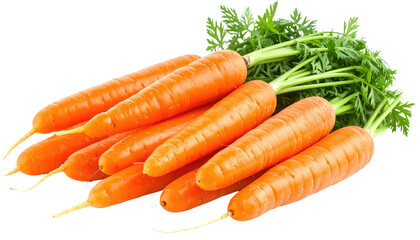 Vibrant bunch of orange carrots with lush green tops, isolated on a transparent background