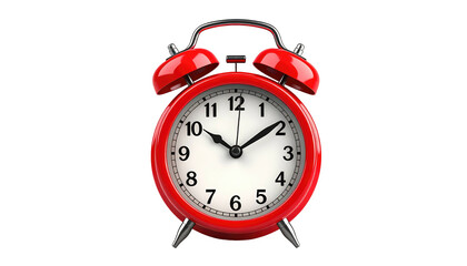 A bright, red twin-bell alarm clock displays the time on a classic white face against a solid black background