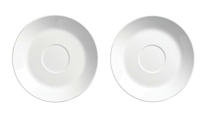 Two white, round saucers stand on a dark background, each having a central, circular depression