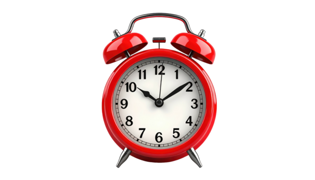A bright, red twin-bell alarm clock displays the time on a classic white face against a solid black background