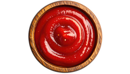 Concentric rings of thick, red sauce, swirls in a rustic wooden bowl against a black background