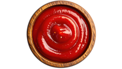 Concentric rings of thick, red sauce, swirls in a rustic wooden bowl against a black background