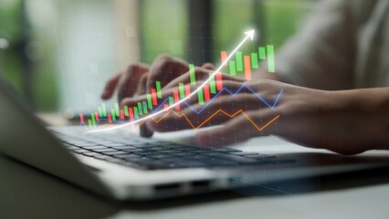 A business professional engages with financial data on a laptop, showcasing colorful graphs and data overlays in a modern office environment for effective analysis. Copula