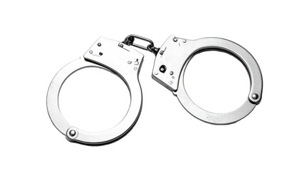 A pair of shiny metal handcuffs resting against a plain, dark background. Focus is on the metal and its curves