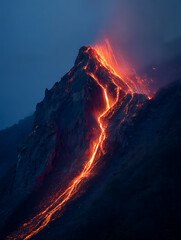 Dynamic photograph of molten rock flowing down the side of a volcano