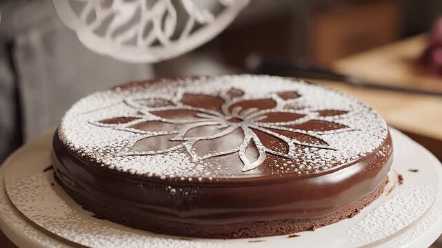 A delicate, powdered sugar stencil design being revealed on top of a torte.