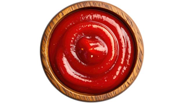 Concentric rings of thick, red sauce, swirls in a rustic wooden bowl against a black background