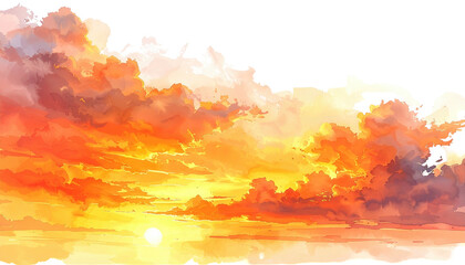 Fiery orange, yellow, and white clouds at sunset or sunrise against a darkening sky, digital painting aesthetic