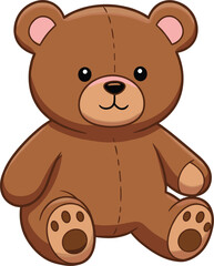 Cartoon teddy bear vector illustration, brown plush toy with stitched details and paw pads, sitting pose, children and nursery design concept