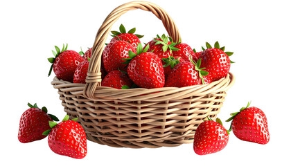 A woven basket overflowing with vibrant, ripe red strawberries. Some strawberries spill out onto the surface