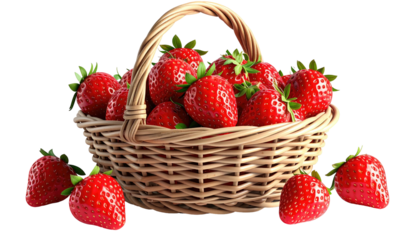 A woven basket overflowing with vibrant, ripe red strawberries. Some strawberries spill out onto the surface