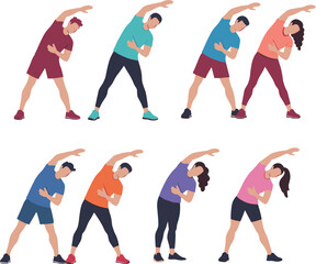 Side stretch exercise vector illustration, eight people in athletic outfits performing fitness poses, physical activity and wellness movement concept