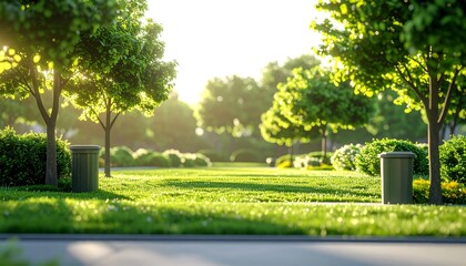 3D miniature park setup with green grass, trees, and trash bins, symbolizing environmental care, cleanliness, and sustainable urban living.