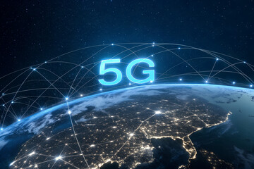 A futuristic 5G digital network concept with glowing blue holographic text"5G" over earth,representing fast communication, global connectivity ,and next generation technology 