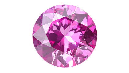 A vibrant pink gemstone, round cut, against a stark black background, displaying intricate facet patterns