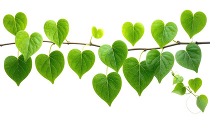 Lush heart-shaped green leaves are connected to a branch against a black backdrop, showing plant growth