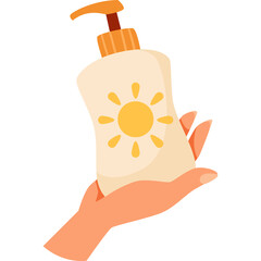 Hand holding a beige sunblock bottle with orange pump and yellow sun icon on its surface isolated on transparent background