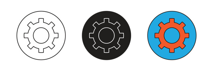 Simple settings gear icon in a circle, representing configuration, options, preferences, tools, system control, mechanical process, and optimization for interface.
