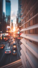 Obraz premium City Sunset View Through White Blinds