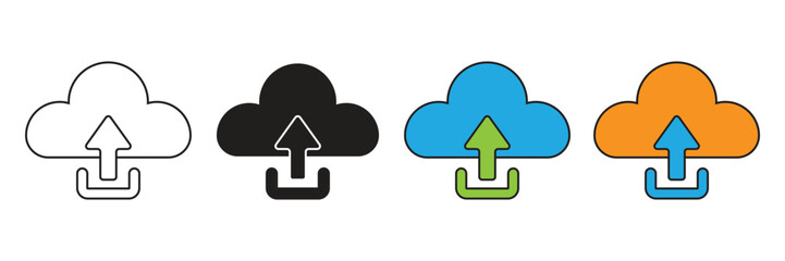 Cloud upload icon with an upward arrow, symbolizing data transfer, file submission, backup, saving to cloud storage, and digital content sharing to the server.