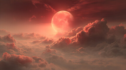 Mysterious Red Moon Emerging from Clouds.