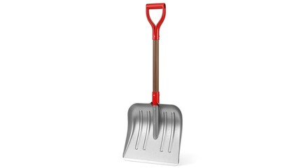 Modern Snow Shovel with Red D-Grip and Wooden Handle Isolated on White Background for Winter Cleanup