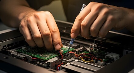 Close-up of Technician's Hands Repairing Laptop Motherboard with Screwdriver, Focusing on Intricate Electronic Components and Circuit Board