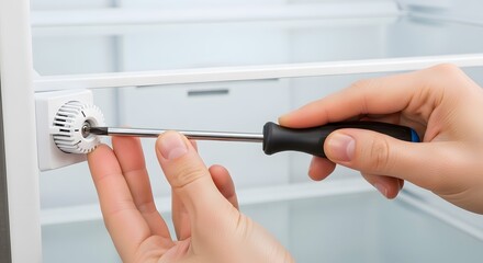 Hands Adjusting Refrigerator Thermostat with Screwdriver for Appliance Repair and Home Maintenance