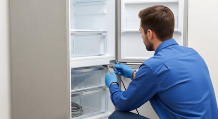 Skilled Technician in Protective Gloves Repairing a Modern Refrigerator, Providing Home Appliance Service and Maintenance