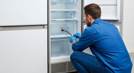 Professional Appliance Repairman Inspecting Domestic Freezer, Performing Maintenance on Modern White Refrigerator at Home