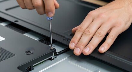 Close-up of hands using a screwdriver to repair or assemble an electronic device, highlighting tech maintenance and service.