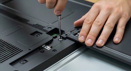 Close-up of hands using a screwdriver to service or assemble the back panel of a black electronic device, highlighting technical repair work
