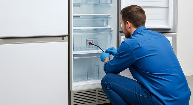 Professional Appliance Repairman Inspecting Domestic Freezer, Performing Maintenance on Modern White Refrigerator at Home