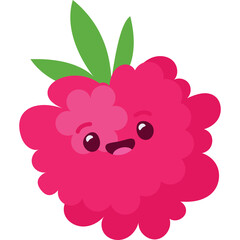 Happy Raspberry Fruit Character With Green Leaves And Pink Petals On Transparent Background