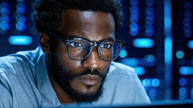 Focused man with glasses works in a dimly lit server room.