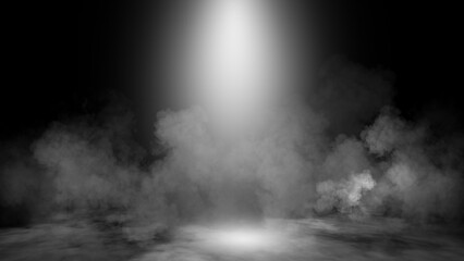 Divine light through a dark fog. The rays beam light on the floor. Spotlight on isolated background. Stock illustration.