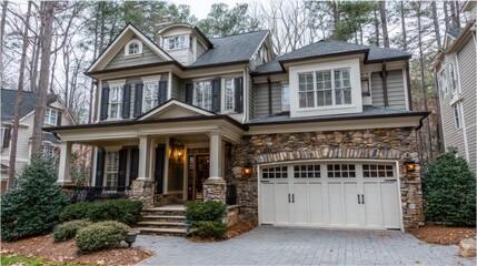 Spacious suburban home with a stone facade and welcoming porch.