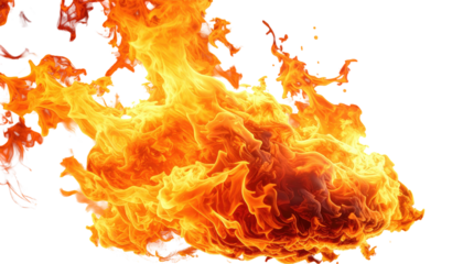 Fiery blaze against black. Intense orange and yellow flames rise in swirling, dynamic patterns