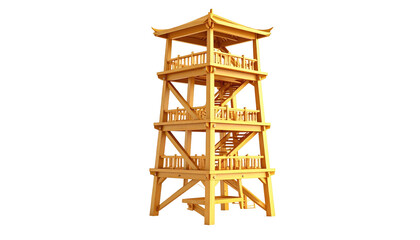 Tall, wooden pagoda-like tower with multiple levels and stairs against a black background. Golden hue, detailed wood grain