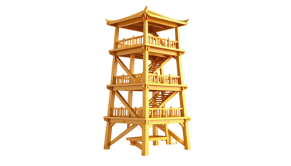 Tall, wooden pagoda-like tower with multiple levels and stairs against a black background. Golden hue, detailed wood grain