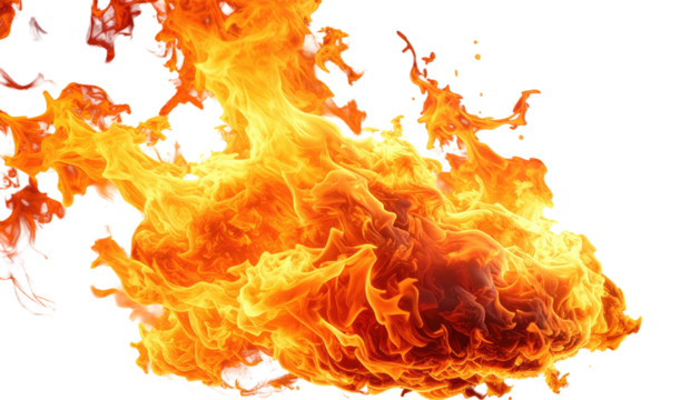 Fiery blaze against black. Intense orange and yellow flames rise in swirling, dynamic patterns