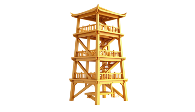 Tall, wooden pagoda-like tower with multiple levels and stairs against a black background. Golden hue, detailed wood grain