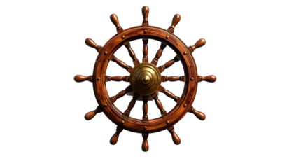 Wooden ship's wheel with brass center, isolated against a black background, casting a strong shadow effect