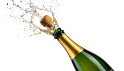 Champagne bottle with cork flying mid-air, bubbles burst against a black backdrop