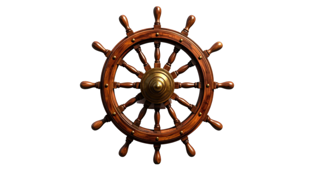 Wooden ship's wheel with brass center, isolated against a black background, casting a strong shadow effect