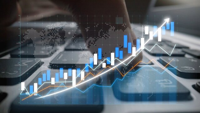 A detailed representation of financial analysis with graphical data on a keyboard, illustrating an upward trend in stock market growth and investment strategies. Copula - Powered by Adobe