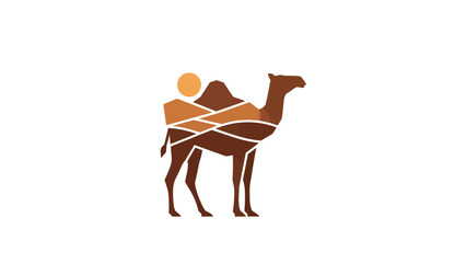 A geometric illustration of a camel with desert landscape. Sun, sand, and stylized forms are shown