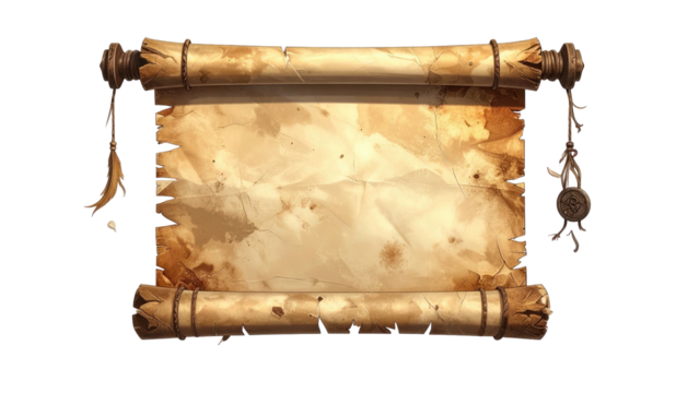 A blank parchment scroll rests against a black background, hinting at ancient tales or cryptic messages