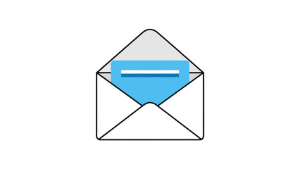 A geometric illustration of an open envelope. It features a card, with light blue and a white stripe, inside